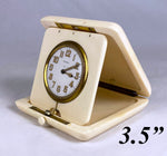 Antique c.1900-1910 Large 3.5" Folding 8-Day Travel Clock, Heavy Solid Ivory Case, Runs Well