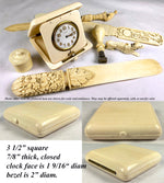 Antique c.1900-1910 Large 3.5" Folding 8-Day Travel Clock, Heavy Solid Ivory Case, Runs Well