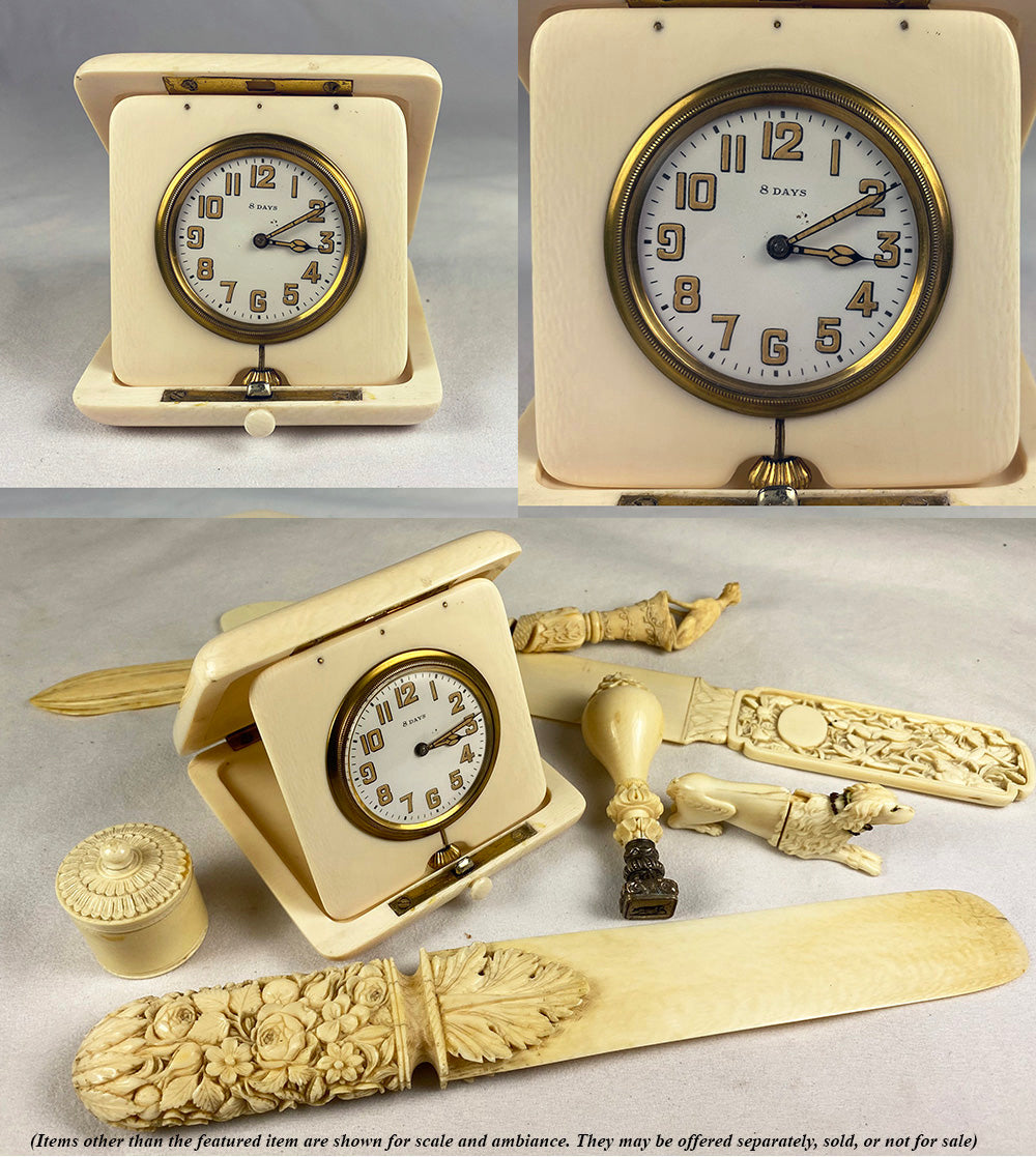 Antique c.1900-1910 Large 3.5" Folding 8-Day Travel Clock, Heavy Solid Ivory Case, Runs Well