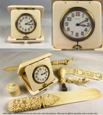 Antique c.1900-1910 Large 3.5" Folding 8-Day Travel Clock, Heavy Solid Ivory Case, Runs Well