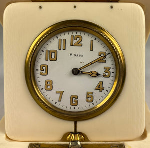 Antique c.1900-1910 Large 3.5" Folding 8-Day Travel Clock, Heavy Solid Ivory Case, Runs Well