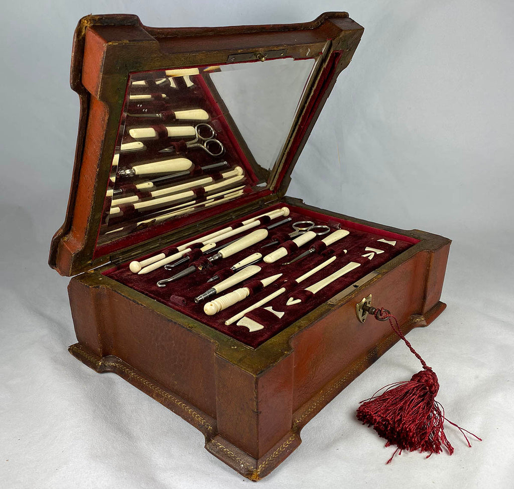 Antique French Napoleon III Era Sewing Box with Implements, Silk Winders, Knitting Needles, Etc