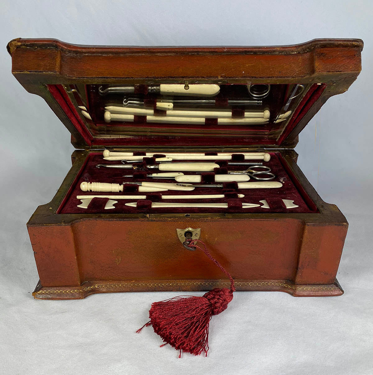 Antique French Napoleon III Era Sewing Box with Implements, Silk Winders, Knitting Needles, Etc