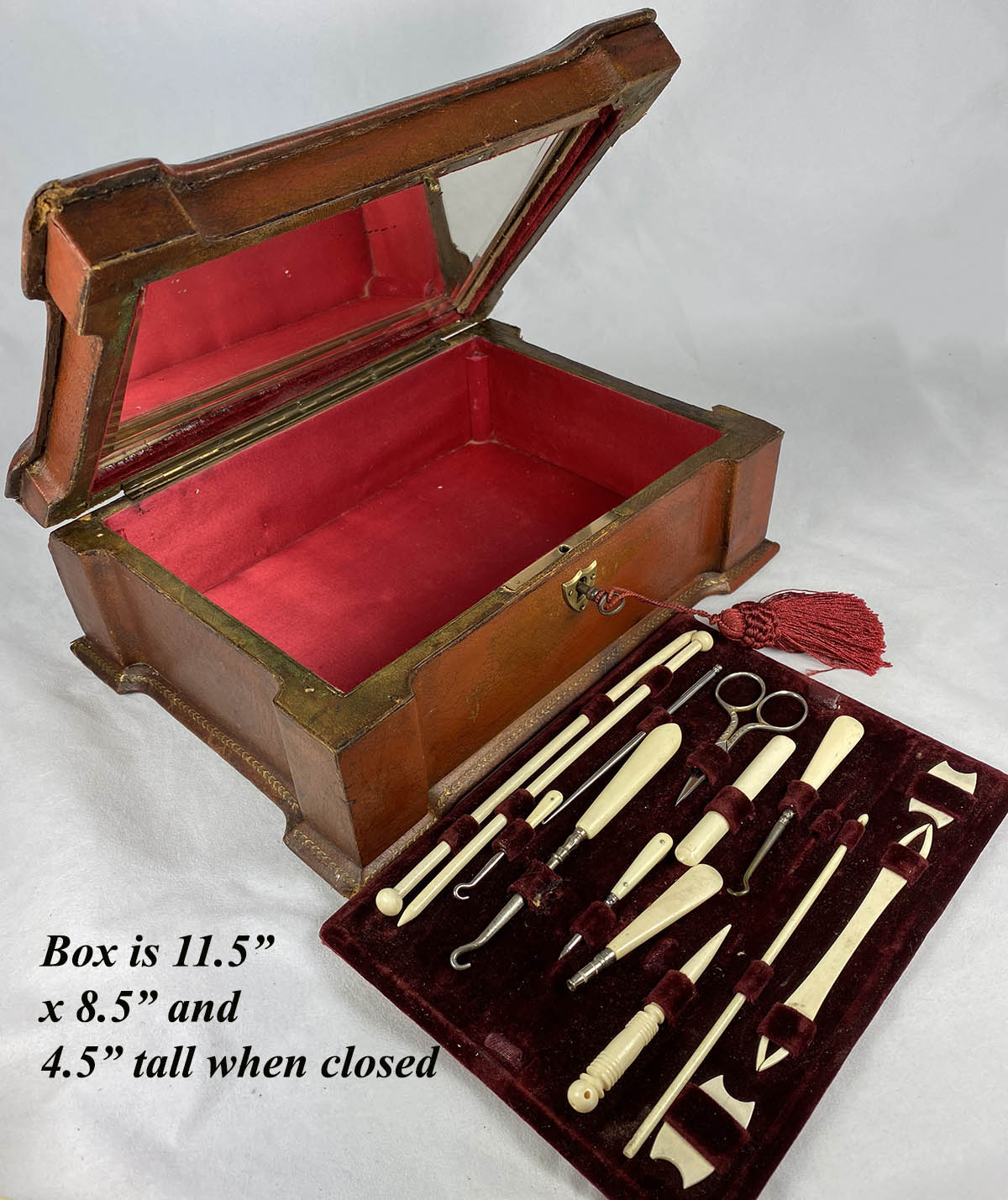 Antique French Napoleon III Era Sewing Box with Implements, Silk Winders, Knitting Needles, Etc