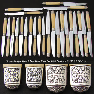 Antique French 24pc Silver & Carved Ivory Handled Table Knife Set, Stainless Blades