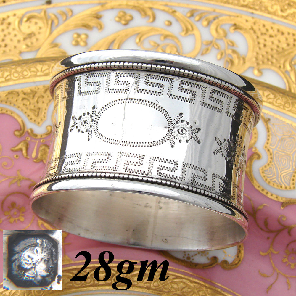 Antique French Sterling Silver 2" Napkin Ring, Convex Shape, Engraved