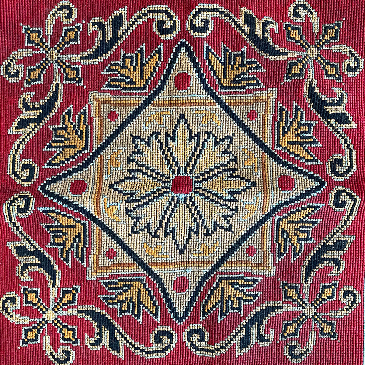 Antique French Needlepoint Pillow, Antique Passementerie Trim, 19" Square