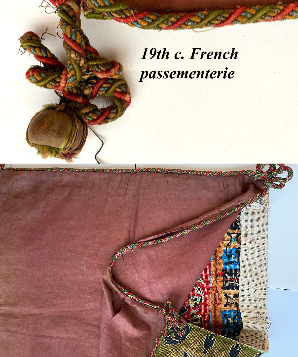 Antique French Needlepoint Pillow, Antique Passementerie Trim, 19" Square