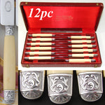 Elegant Antique French 12pc Dinner Knife Set, Genuine Ivory & Silver Handles