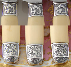 Elegant Antique French 12pc Dinner Knife Set, Genuine Ivory & Silver Handles
