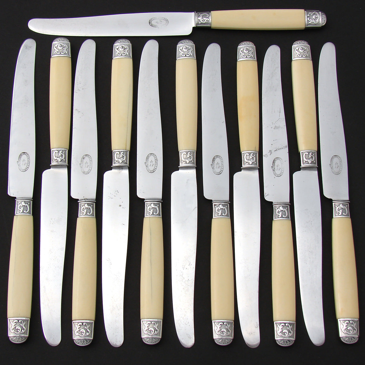 Stunning Antique French 10pc Dinner Knife Set, Silver Inlay on Ivory  Handles, c.1870, Gustave Marmuse