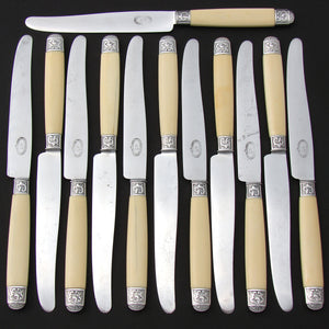 Elegant Antique French 12pc Dinner Knife Set, Genuine Ivory & Silver Handles