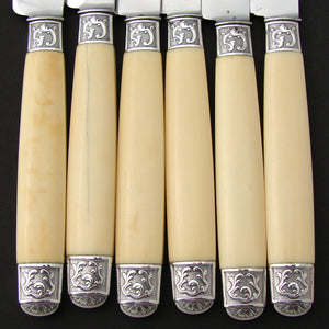 Elegant Antique French 12pc Dinner Knife Set, Genuine Ivory & Silver Handles