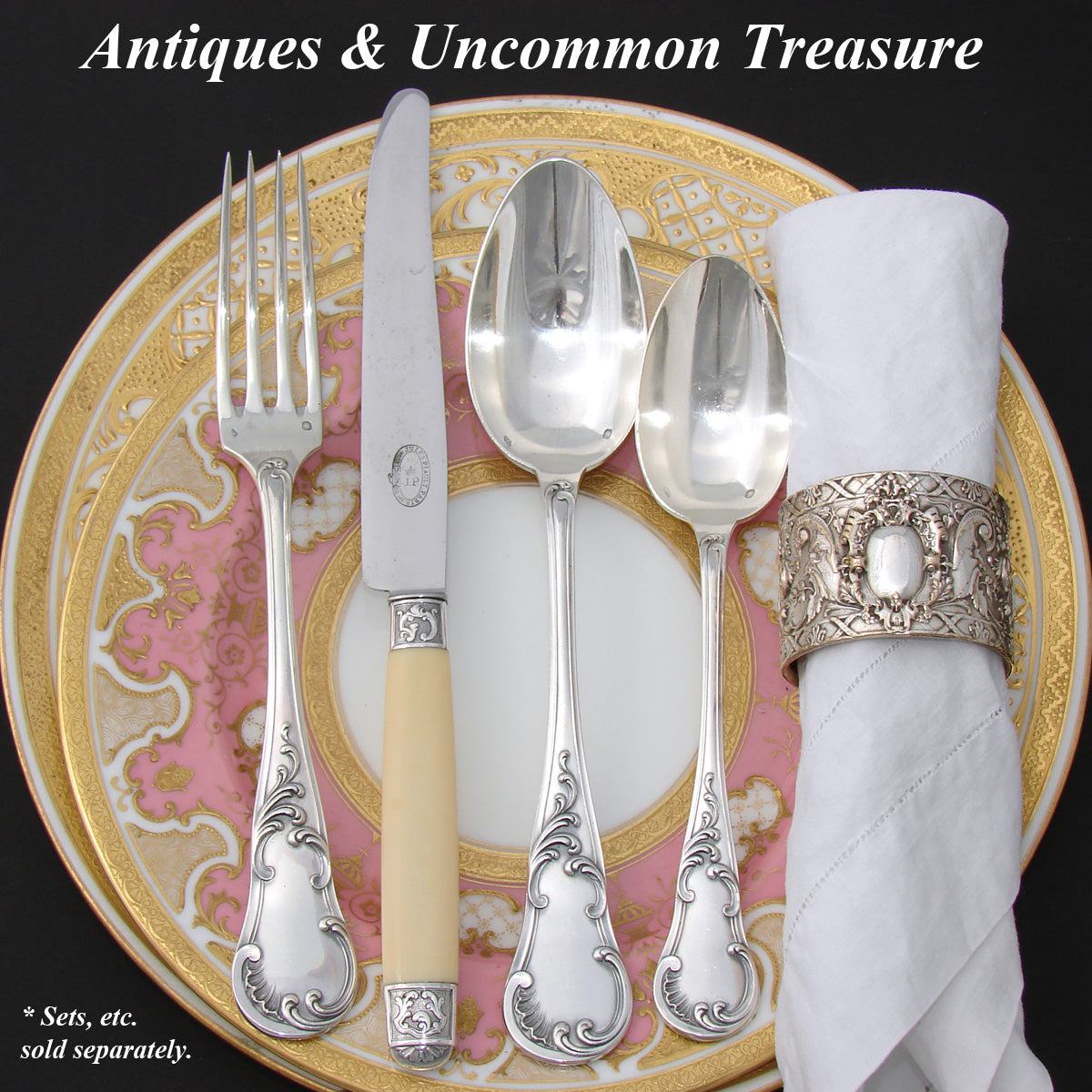 Elegant Antique French 12pc Dinner Knife Set, Genuine Ivory & Silver Handles