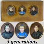 RARE Antique French 3 Generation Impressionist Portrait Miniatures, Child, Mom, Grandmother, Well Listed Artist