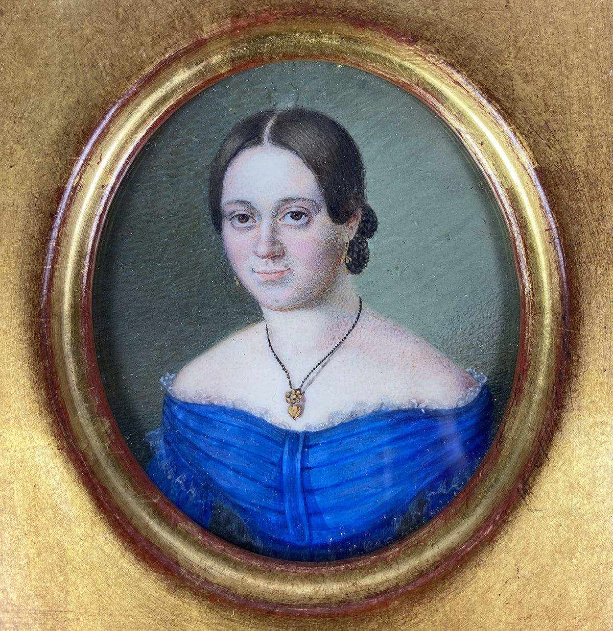 Antique French Portrait Miniature in Gild Wood Frame, Beautiful Young Woman with Jewelry