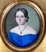 Antique French Portrait Miniature in Gild Wood Frame, Beautiful Young Woman with Jewelry