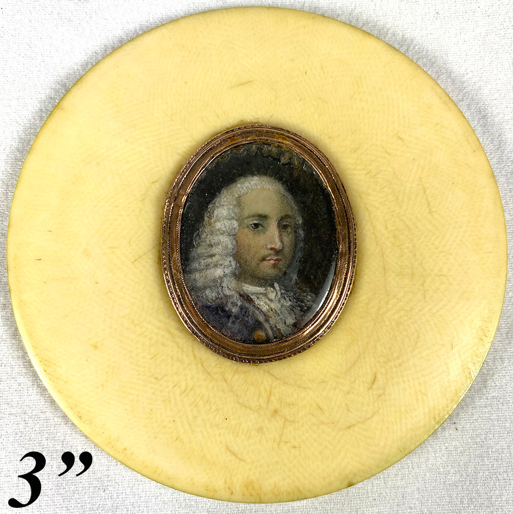 RARE Antique c.1720s French Portrait Miniature, 18k on Top of Ivory Snuff Box 3"