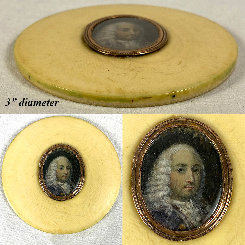 RARE Antique c.1720s French Portrait Miniature, 18k on Top of Ivory Snuff Box 3"