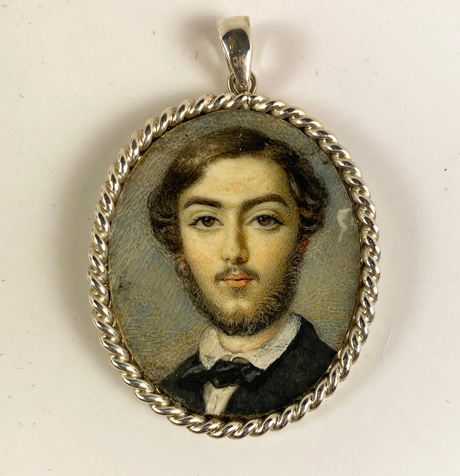 Antique French Portrait Miniature, a VERY Pretty Young Man in Silver Pendant, no Glass