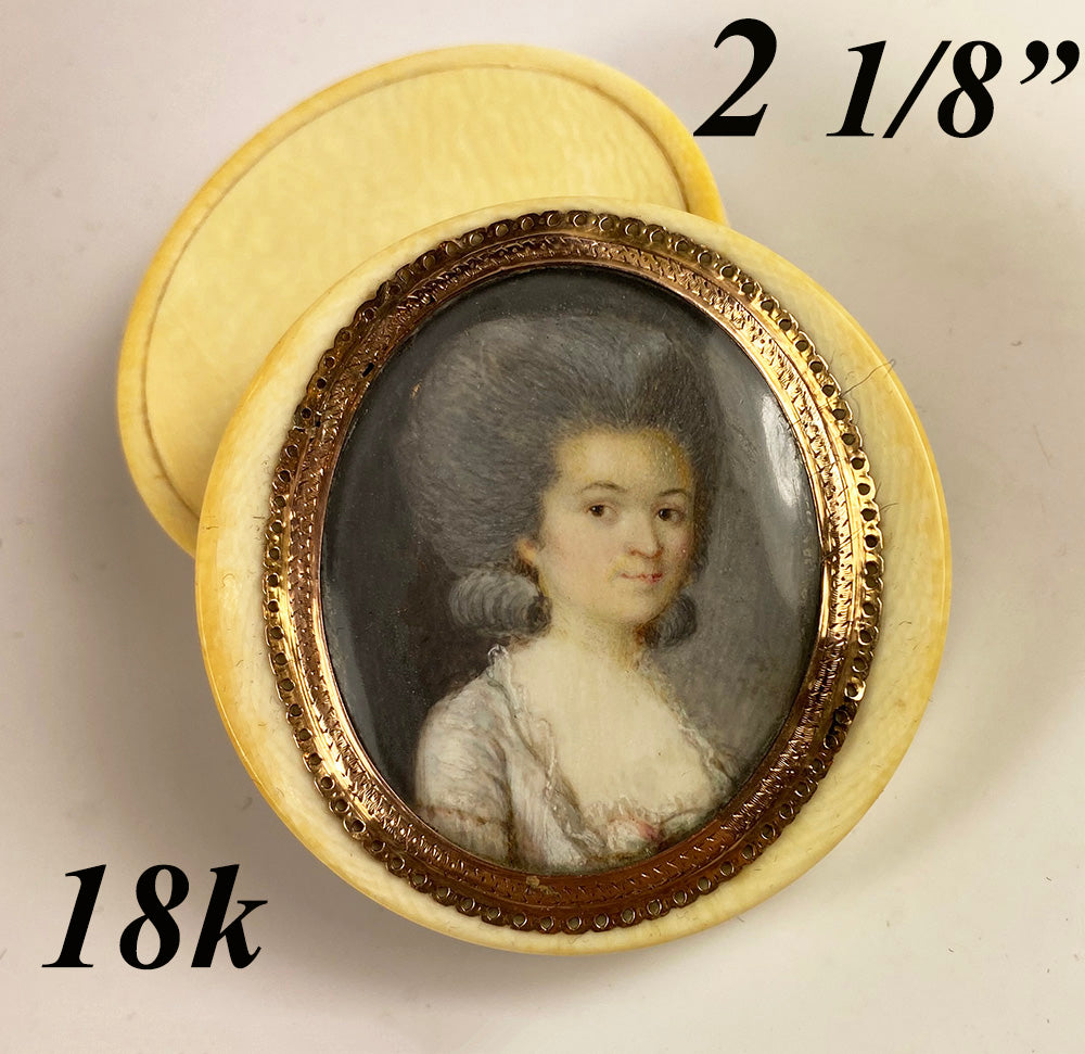 RARE 1770s French Snuff or Patch Box, Portrait Miniature of a Lady in 18k Gold Frame on Ivory