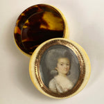 RARE 1770s French Snuff or Patch Box, Portrait Miniature of a Lady in 18k Gold Frame on Ivory