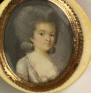 RARE 1770s French Snuff or Patch Box, Portrait Miniature of a Lady in 18k Gold Frame on Ivory