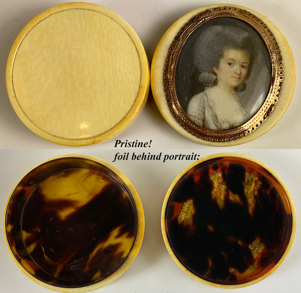 RARE 1770s French Snuff or Patch Box, Portrait Miniature of a Lady in 18k Gold Frame on Ivory