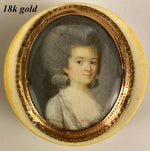 RARE 1770s French Snuff or Patch Box, Portrait Miniature of a Lady in 18k Gold Frame on Ivory