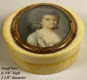 RARE 1770s French Snuff or Patch Box, Portrait Miniature of a Lady in 18k Gold Frame on Ivory