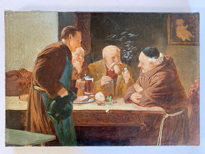 Petit Antique French Oil Painting, 4 Men at Table, A Dinner with the Friar