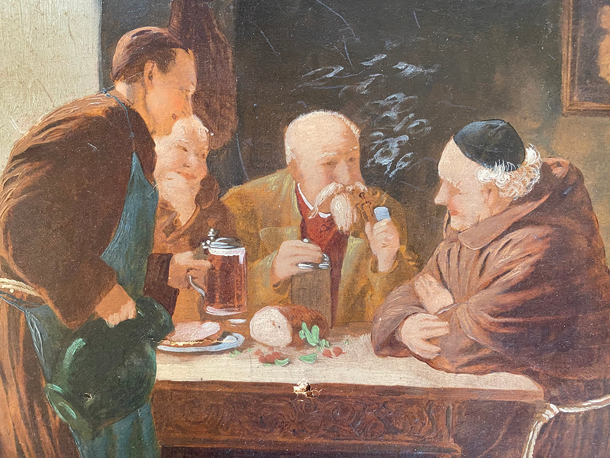 Petit Antique French Oil Painting, 4 Men at Table, A Dinner with the Friar
