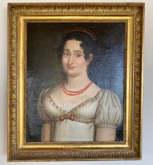Antique French Empire Oil Painting, Portrait of Woman with Red Coral Palais Royal Jewelry, Tiara