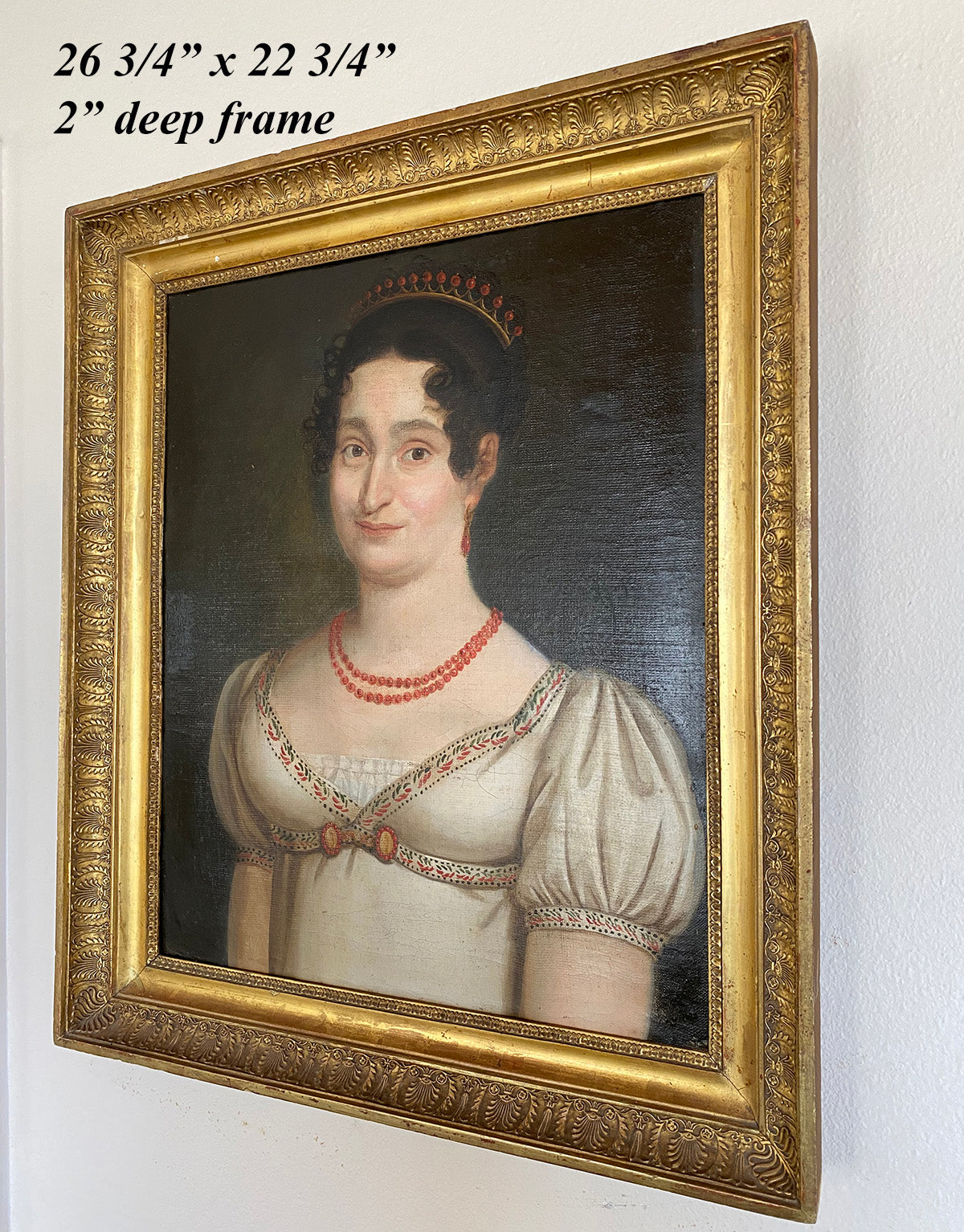 Antique French Empire Oil Painting, Portrait of Woman with Red Coral Palais Royal Jewelry, Tiara