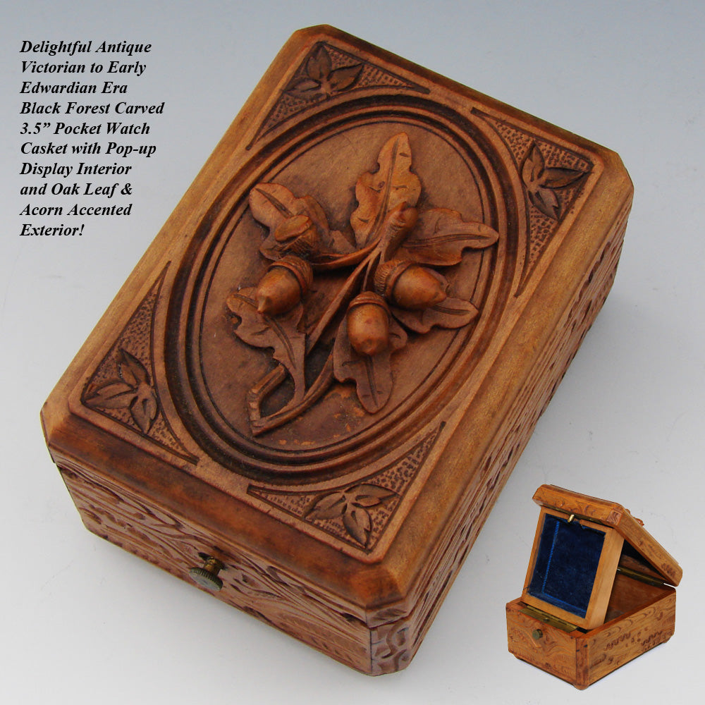 Antique Black Forest Carved Pocket Watch Display Box, Casket, Oak Leaves & Acorns