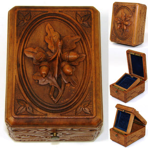 Antique Black Forest Carved Pocket Watch Display Box, Casket, Oak Leaves & Acorns