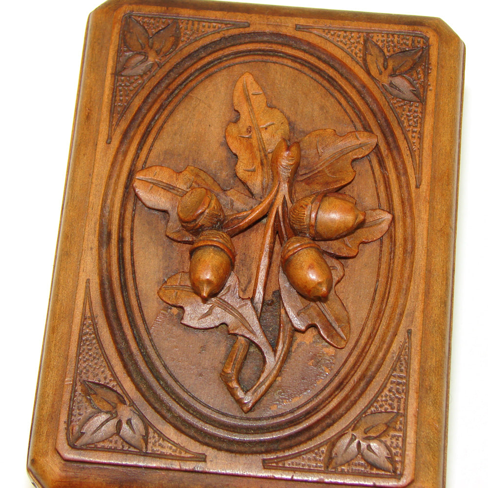 Antique Black Forest Carved Pocket Watch Display Box, Casket, Oak Leaves & Acorns