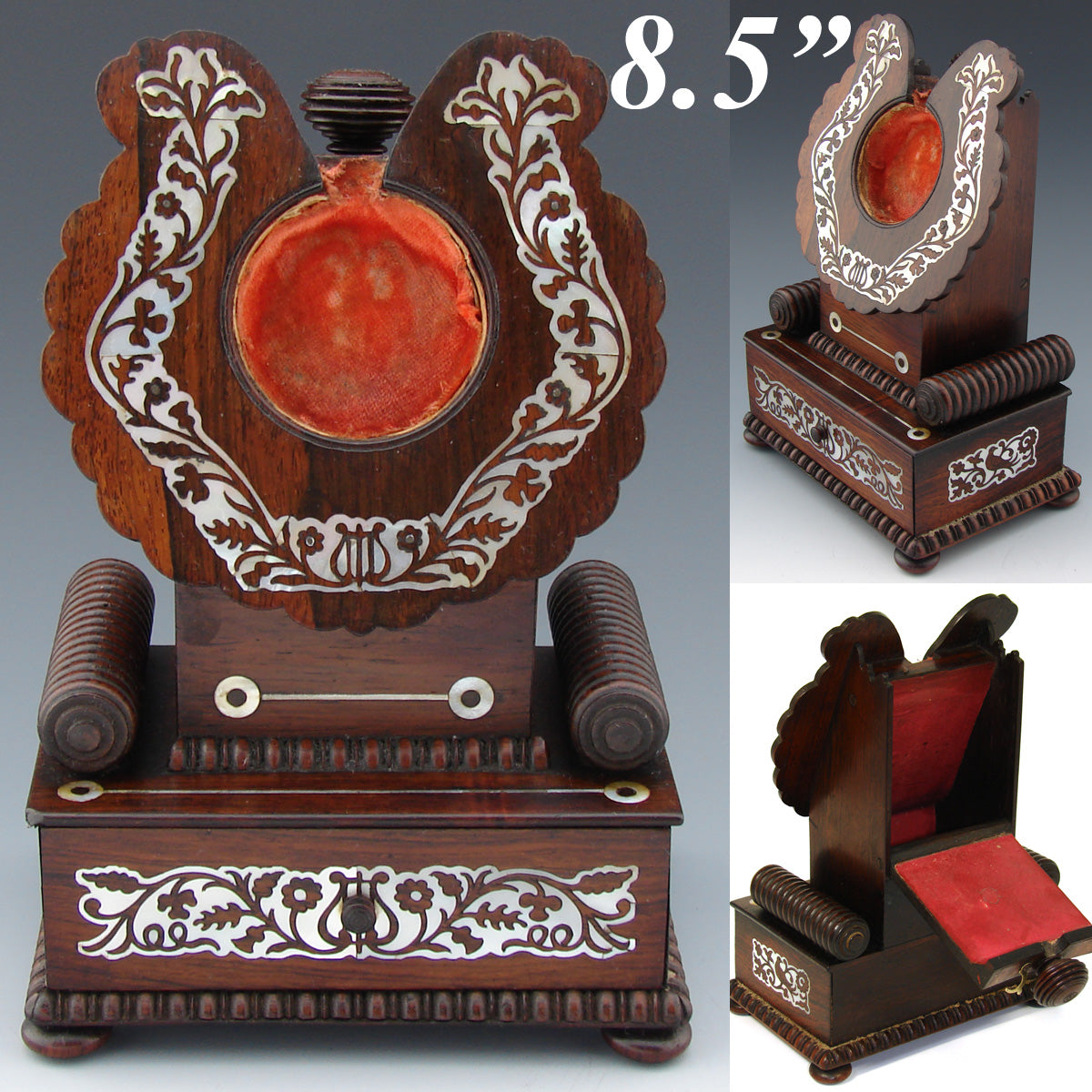 Antique Victorian Era 8.5" Pocket Watch Display Stand, Rosewood with Mother of Pearl Inlay