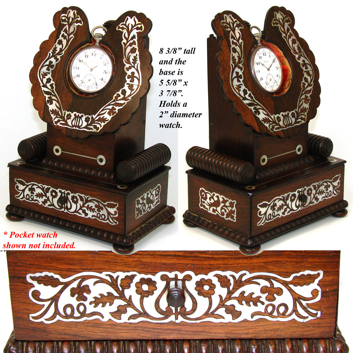 Antique Victorian Era 8.5" Pocket Watch Display Stand, Rosewood with Mother of Pearl Inlay