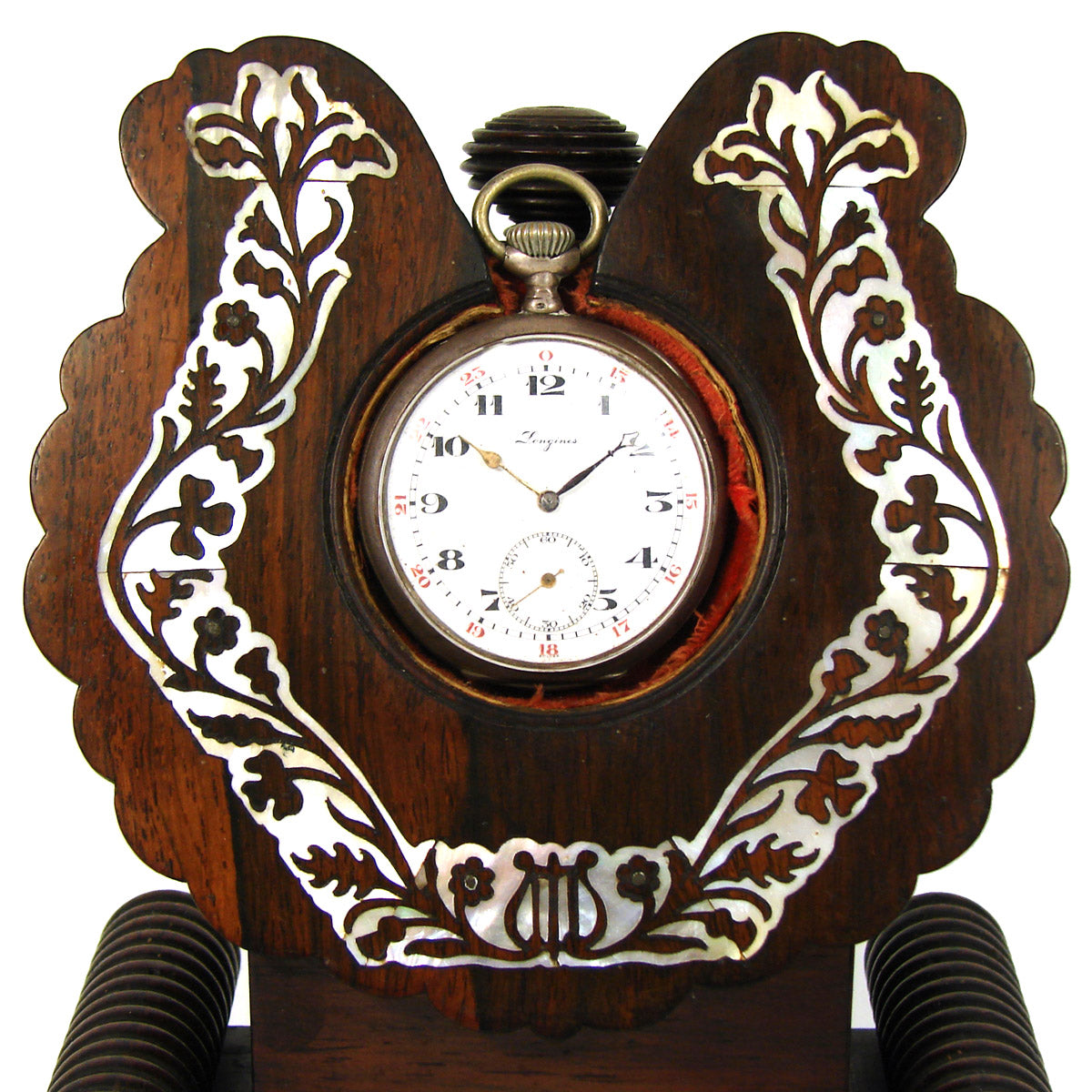 Antique Victorian Era 8.5" Pocket Watch Display Stand, Rosewood with Mother of Pearl Inlay