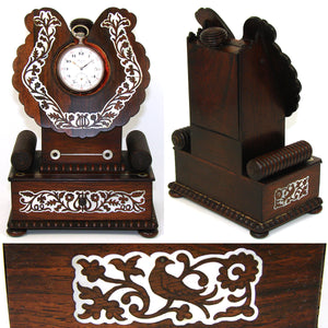 Antique Victorian Era 8.5" Pocket Watch Display Stand, Rosewood with Mother of Pearl Inlay