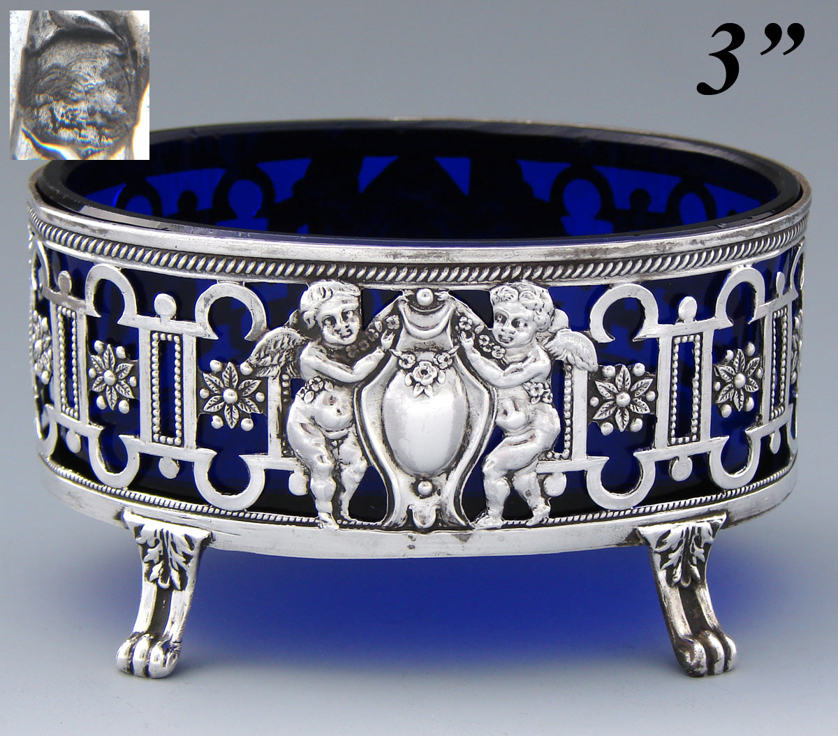 Antique French Sterling Silver & Cobalt Glass Master Open Salt, Winged Cherubs, Putti