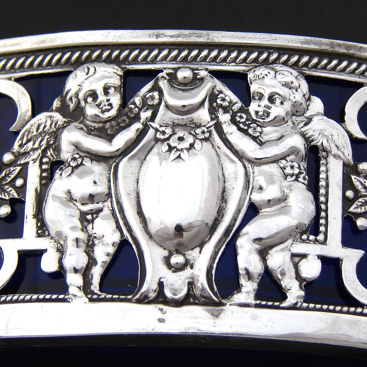 Antique French Sterling Silver & Cobalt Glass Master Open Salt, Winged Cherubs, Putti