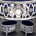 Antique French Sterling Silver & Cobalt Glass Master Open Salt, Winged Cherubs, Putti