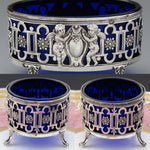 Antique French Sterling Silver & Cobalt Glass Master Open Salt, Winged Cherubs, Putti