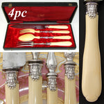 Antique French Silver 4pc Serving Implement Set: Meat, Salad: Figural Mascarons
