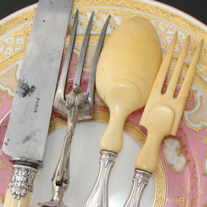 Antique French Silver 4pc Serving Implement Set: Meat, Salad: Figural Mascarons