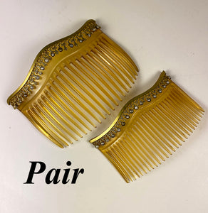 Pair (2) Antique French Napoleon III (Victorian) Blond Tortoise Shell Hair Combs, Seed Pearls, Excellent