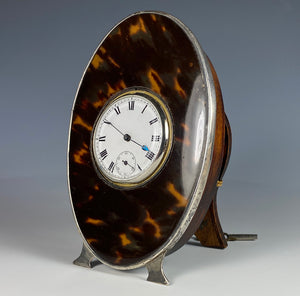 Fine Antique English Sterling Silver Tortoise Shell 1890 Travel Desk Clock, Swiss Movement is Working, w Key