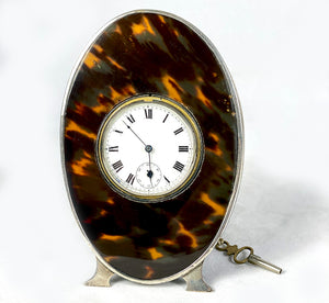 Fine Antique English Sterling Silver Tortoise Shell 1890 Travel Desk Clock, Swiss Movement is Working, w Key